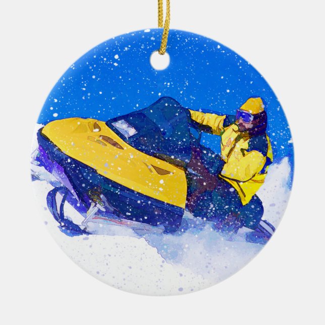 Gelber Snowmobile im Blizzard Keramikornament (Vorne)