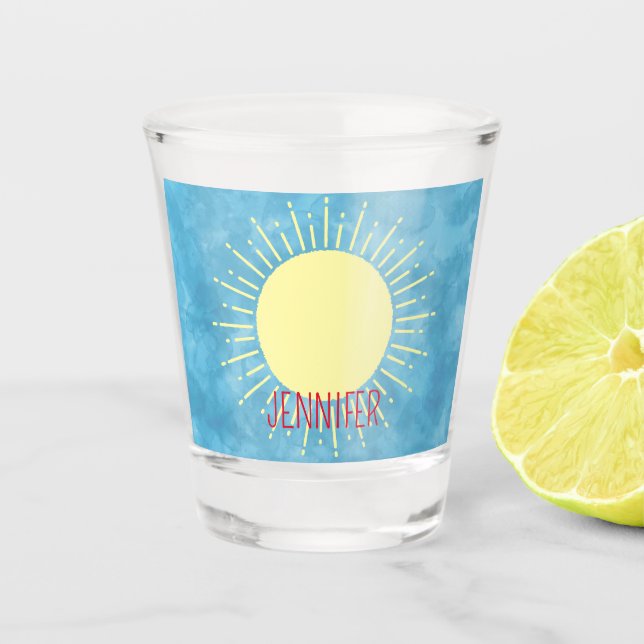 Gelber Sonnenschein im Individuelle Name mit blaue Schnapsglas (Vorderseite)
