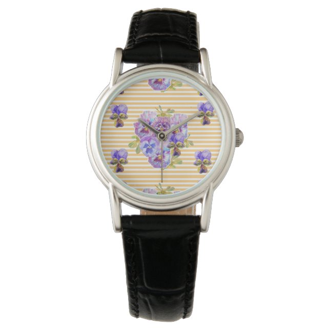 Gelber Streifen Shabby Pansy Blume Armbanduhr (Vorderseite)