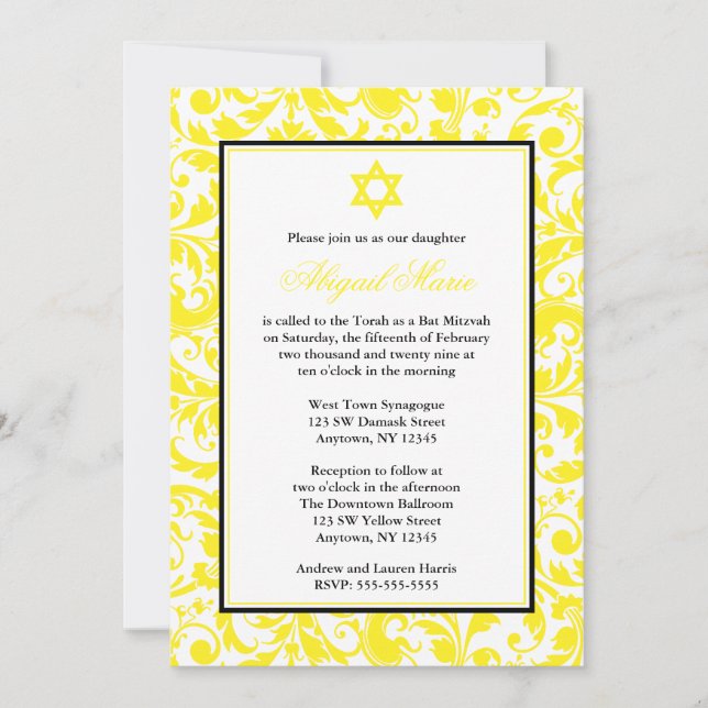 Gelber Swirl Damask Bat Mitzvah Einladungen (Vorderseite)