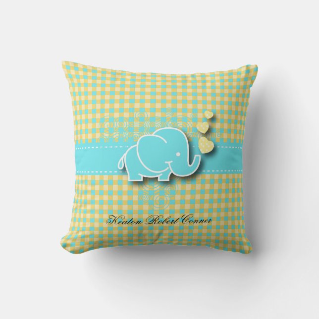 Gelber und blauer karierter Baby-Elefant Kissen (Vorderseite)