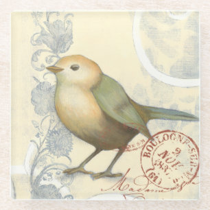 Gelber und grüner Spatz auf Vintagem Hintergrund Glasuntersetzer