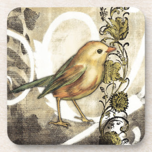 Gelber und grüner Vogel auf Vintagem Hintergrund Getränkeuntersetzer