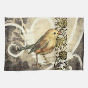Gelber und grüner Vogel auf Vintagem Hintergrund Küchentuch