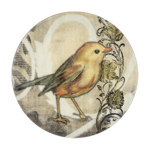 Gelber und grüner Vogel auf Vintagem Hintergrund Schneidebrett