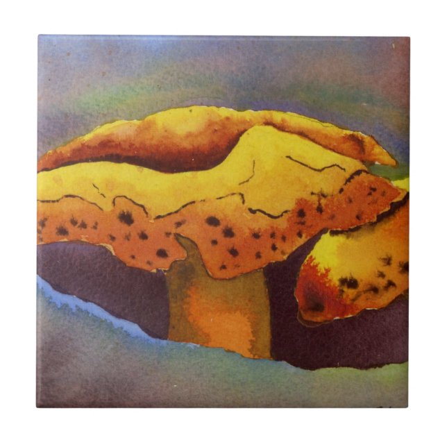 Gelber und roter Pilz, Keramik mit Toadstool. Fliese (Vorderseite)