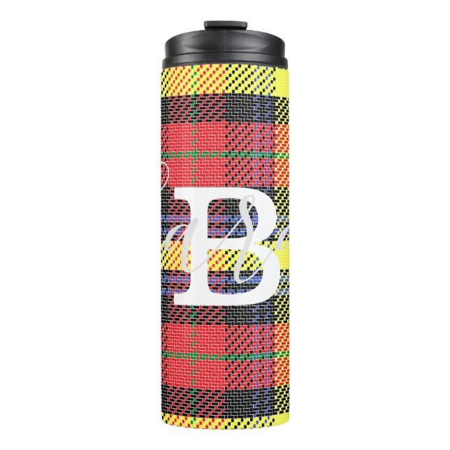 Gelber und roter Tartan Markierter Monogramm-Name Thermosbecher (Vorderseite)