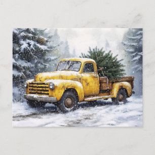 Gelber Vintage-Pickup-Truck Weihnachtsbaum Postkarte
