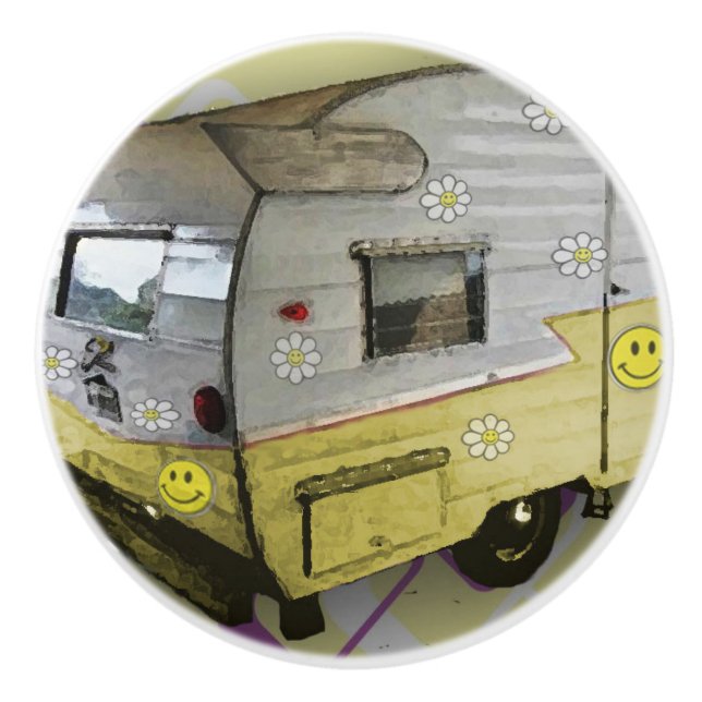 Gelber Vintager Camper-Anhängergriff Keramikknauf (Vorderseite)
