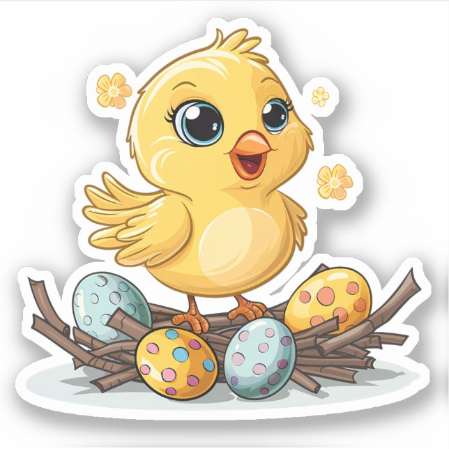 Gelber Vogel auf dem Nest der Ostereier Aufkleber (Vorderseite)