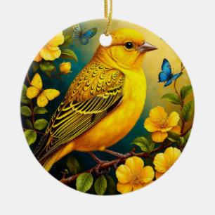 Gelber Vogel auf leuchtenden Blüten sitzend Keramik Ornament