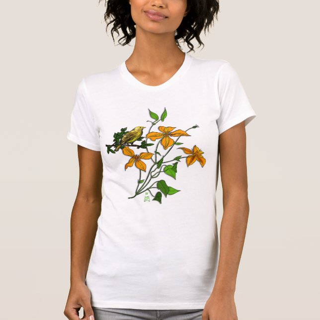 Gelber Vogel auf Orange Tiger Lilien T-Shirt (Vorderseite)