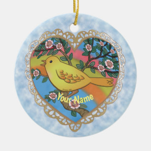 Gelber Vogel Herz benutzerdefinierter Name Keramik Ornament