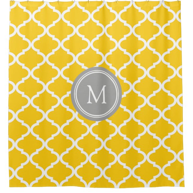 Gelber weißer Quatrefoil Monogramm-Duschvorhang Duschvorhang (Vorderseite)