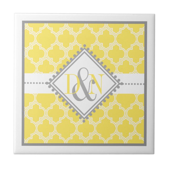 Gelber, weißer Quatrefolien-Monogramm-Eheresake Fliese (Vorderseite)