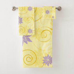 Gelber Wirbel mit lila Lotos-Blumen-Muster Badhandtuch Set
