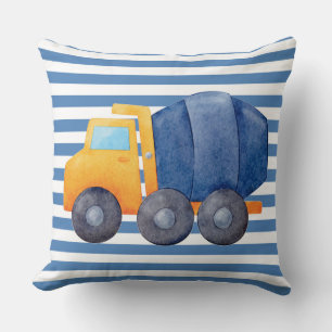 Gelber Zement-LKW auf blau gestreiftem Hintergrund Kissen