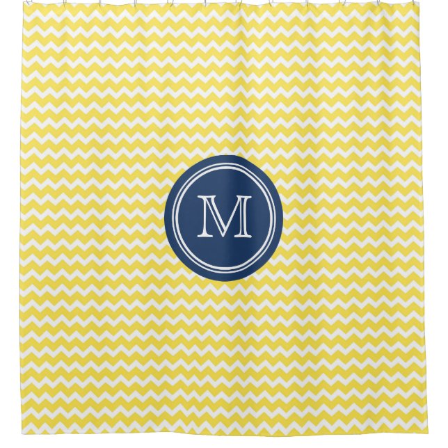 Gelber Zickzack Marine-Blau-Monogramm-Duschvorhang Duschvorhang (Vorderseite)