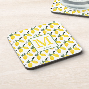 Gelber Zitronenfrüchte Monogram harter Kunststoff- Getränkeuntersetzer