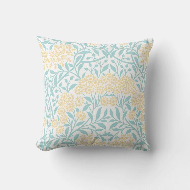 Gelbes Aqua Floral Damask Muster Kissen (Vorderseite)