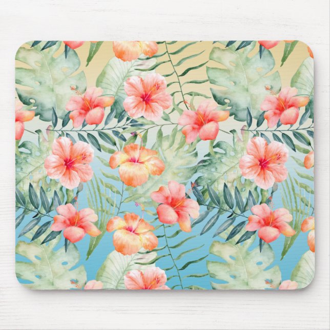 Gelbes Aqua Pink Peach Hibiskus Floral Mousepad (Vorne)