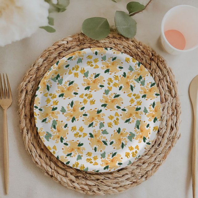 Gelbes Aquarell Blumengarten Teller (Yellow watercolor floral garden baby or bridal shower paper plates.)