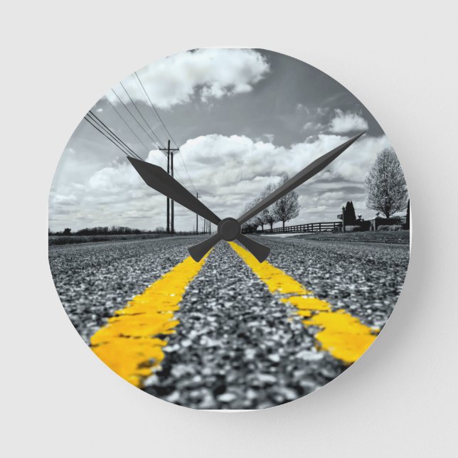 Gelbes Asphalt Highway Road Creative Fotografy Runde Wanduhr (Vorderseite)