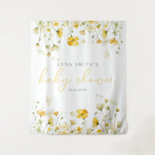 Gelbes Baby im blutfloralen Babydusche Hintergrund Wandteppich