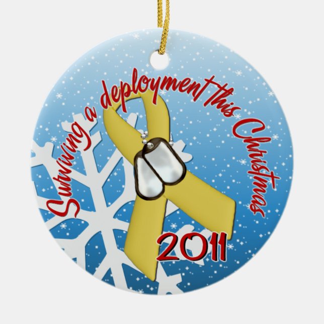 Gelbes Band der ÜberlebenStationierungs-2011 Keramik Ornament (Vorne)