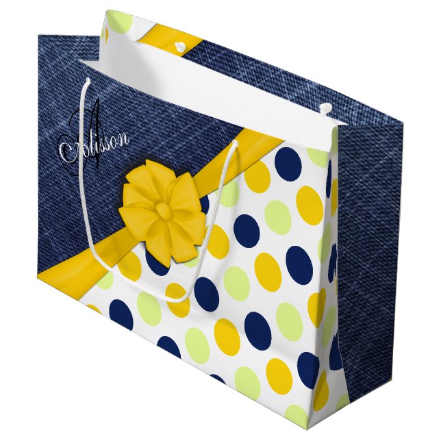 Gelbes Band, Jeans Fabric, Dots Pattern Monogramm Große Geschenktüte (Vorderseite Schrägansicht)