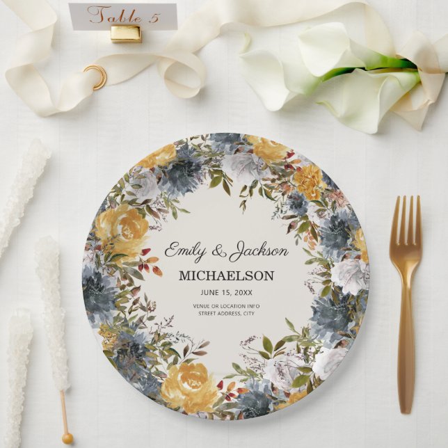 Gelbes blaues Aquarell Blumenbräu Pappteller (Hochzeit)