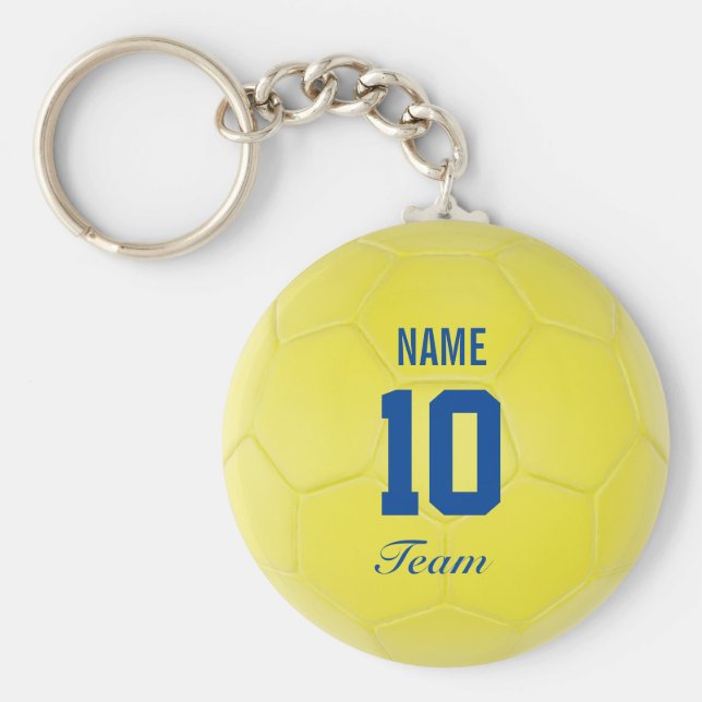 Gelbes blaues Fußballteam Personalisierter Name Schlüsselanhänger (Vorne)
