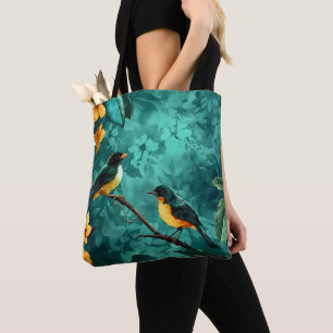 Gelbes Blumen- und Vogel-Vintage-Muster Wald Tasche