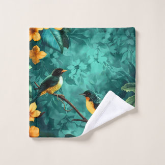 Gelbes Blumen- und Vogel-Vintage-Muster Wald Waschlappen
