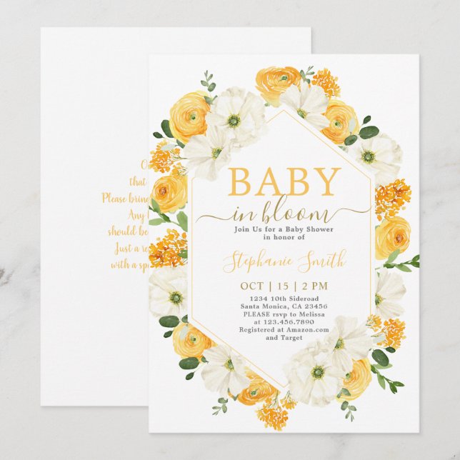 Gelbes Blumenbaby im Bloom Baby Dusche Einladung (Vorne/Hinten)
