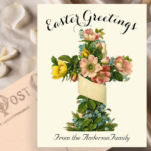 Gelbes Blumenkreuz Vintag Ostern Religiös Postkarte