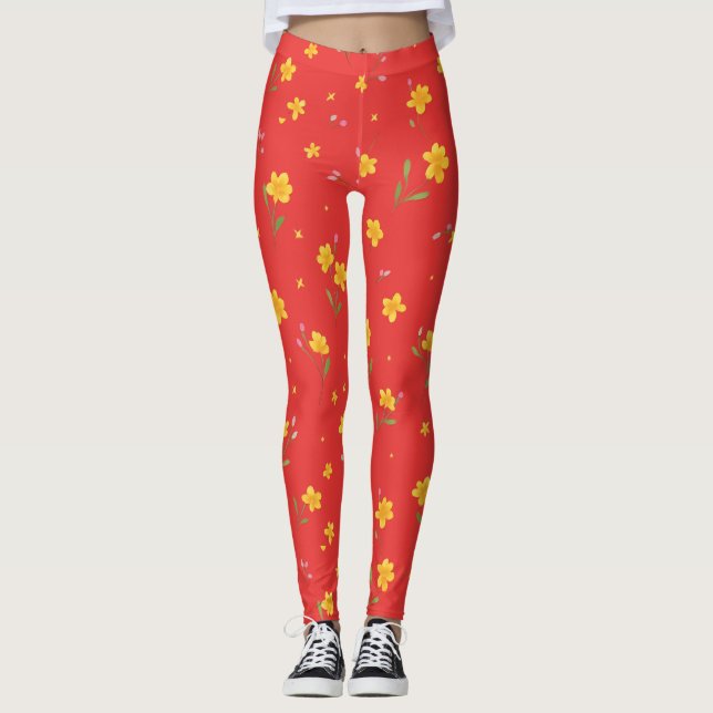 Gelbes Blumenmuster auf Rot Leggings (Vorderseite)
