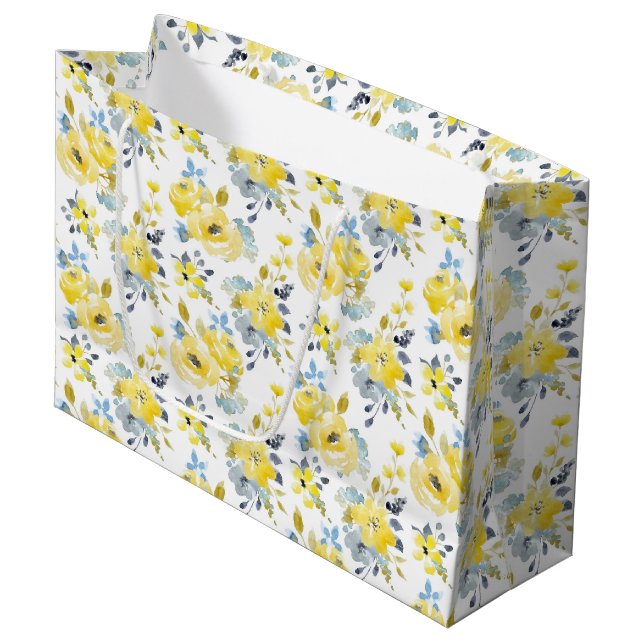 Gelbes Blumenmuster Große Geschenktüte (Vorderseite Schrägansicht)