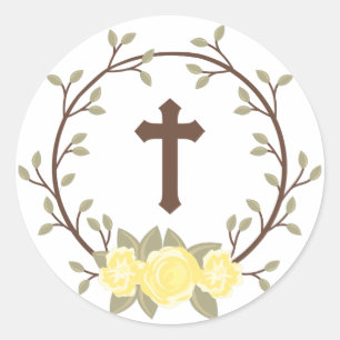 Gelbes Blumenreath Cross Taufe Christening Runder Aufkleber