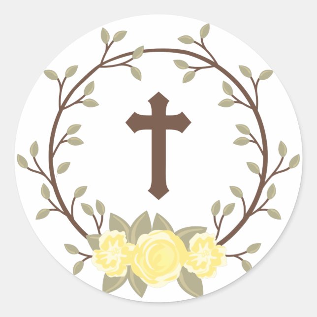 Gelbes Blumenreath Cross Taufe Christening Runder Aufkleber (Vorderseite)