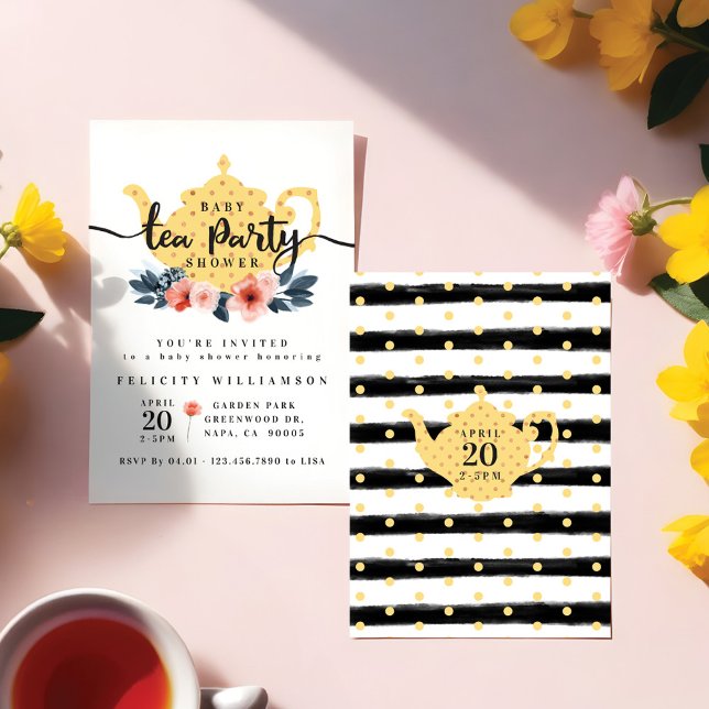 Gelbes Blumentee Party Kinderdusche Einladung (Yellow Floral Tea Party Baby Shower Invitation)