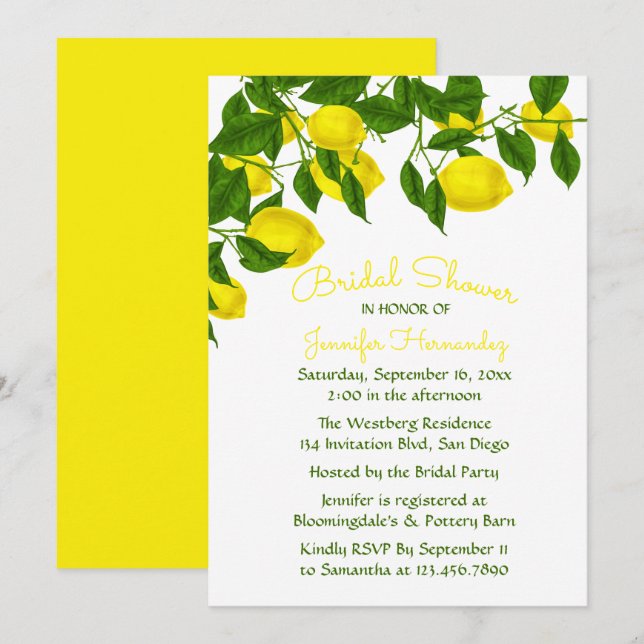 Gelbes Brautparty Lemon und grünes Wasser Einladung (Vorne/Hinten)