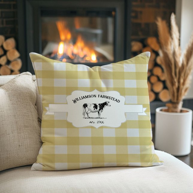 Gelbes Buffalo, Karierte Kuh Kissen (Yellow Buffalo Plaid Farm Cow Throw Pillow)