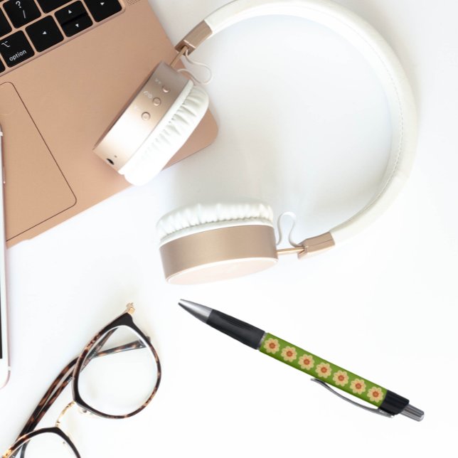 Gelbes Dahlia auf grünem Blumenmuster Kugelschreiber (In Situ)