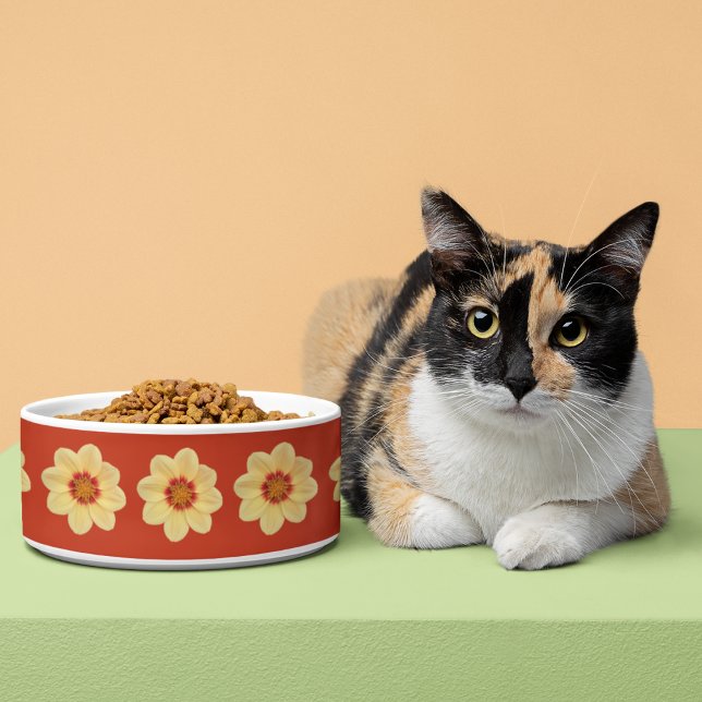 Gelbes Dahlia-Blumenmuster auf Rot Napf (Von Creator hochgeladen)