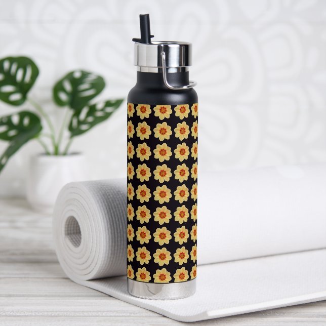 Gelbes Dahlia-Blumenmuster auf schwarz Trinkflasche (Yoga)