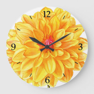 Gelbes Dahlie-Aquarell Große Wanduhr