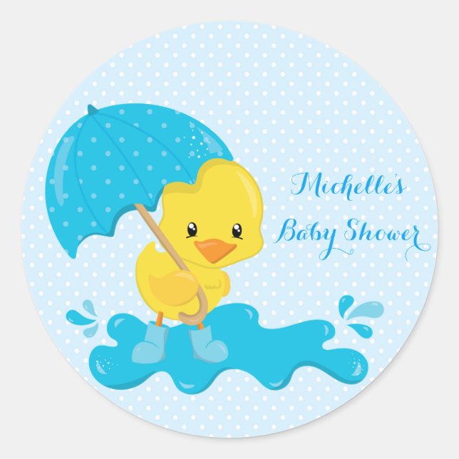Gelbes Duckling mit blauem Regenschirm und Polka D Runder Aufkleber (Vorderseite)