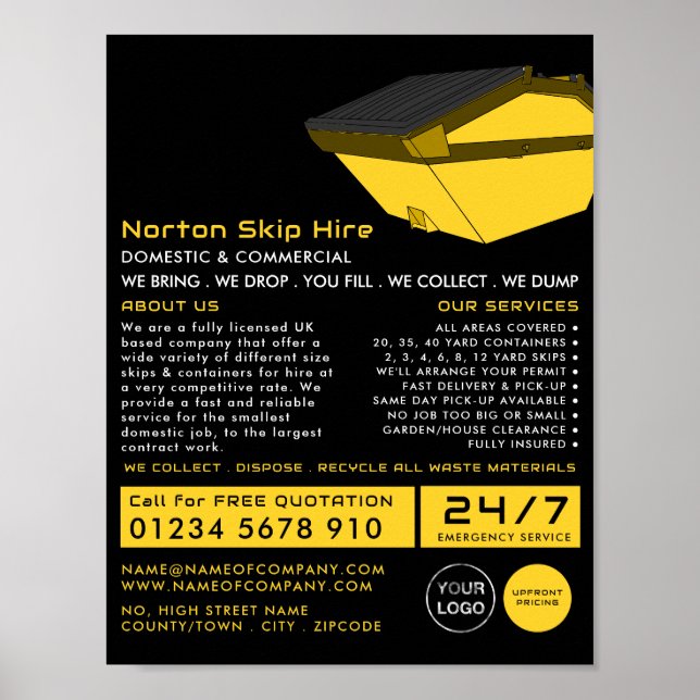 Gelbes Dumpster, Skip/Dumpster-Unternehmenswerbung Poster (Vorne)