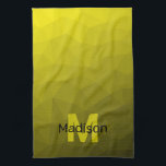 Gelbes dunkles Omergeometrie-Maschenmuster Monogra Geschirrtuch<br><div class="desc">Monogram Personalize mit Ihrem benutzerdefinierten Initial und Namen. Gelbes goldenes Ober-Farbverlauf geometrisches Maschenmuster. Geometrisches Dreieck mit dunkelgelbem goldfarbenem Ober-Farbverlauf, Muster, Ober, Masche, Dreiecke, Geometrie, Gefälle, cool, Dreieck, hell, Muster, digital, gelb, gold, schwarz</div>